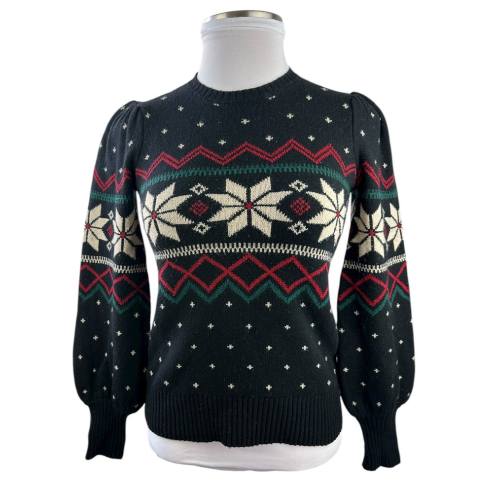 Ralph Lauren Fair Isle Puff Sleeve Sweater Wintry Snowflake Wool Mix Size Small - Picture 2 of 16